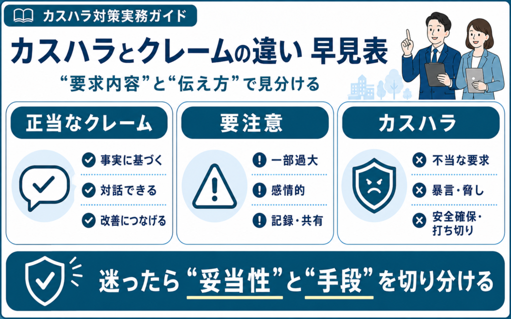 カスハラとクレームの違いが一目で分かる早見表