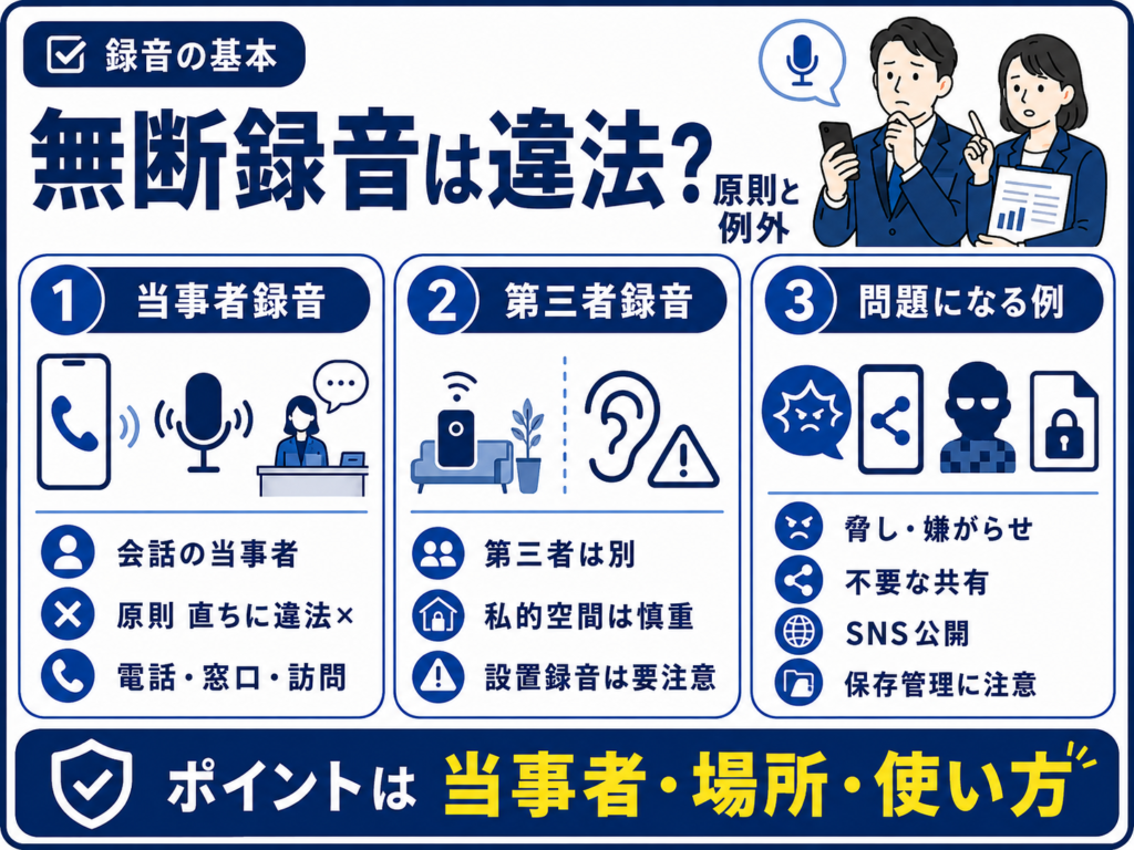 カスハラ対応の無断録音は違法?原則と例外