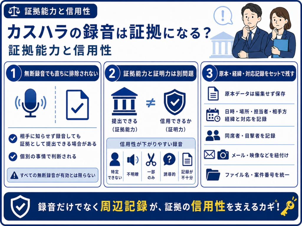 カスハラの録音は証拠になる?証拠能力と信用性